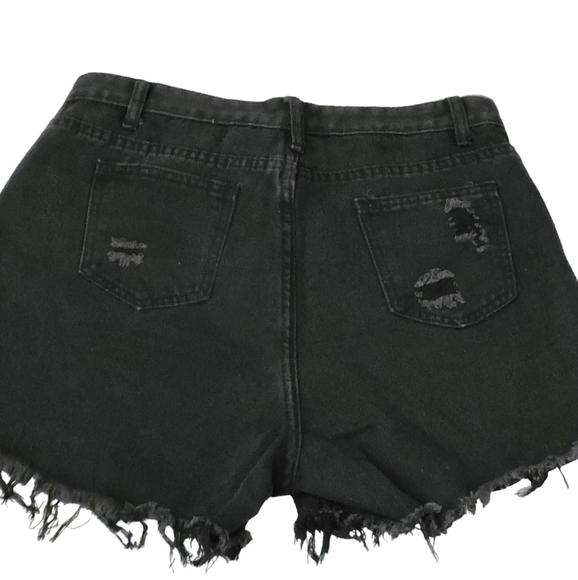Dark Blue Distressed Frayed Detail Fringe Rhinestone Denim Shorts - Picture 8 of 11